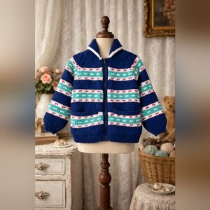 Vintage Handmade Kids Knit Sweater Jacket – Lined – Zip Front